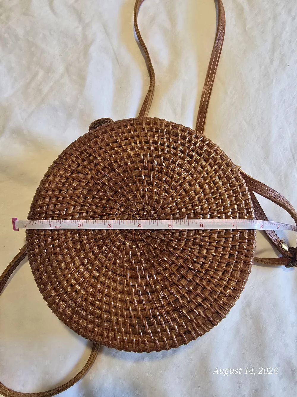 Round Bali Woven Rattan Brown Crossbody Bag with Floral Lining